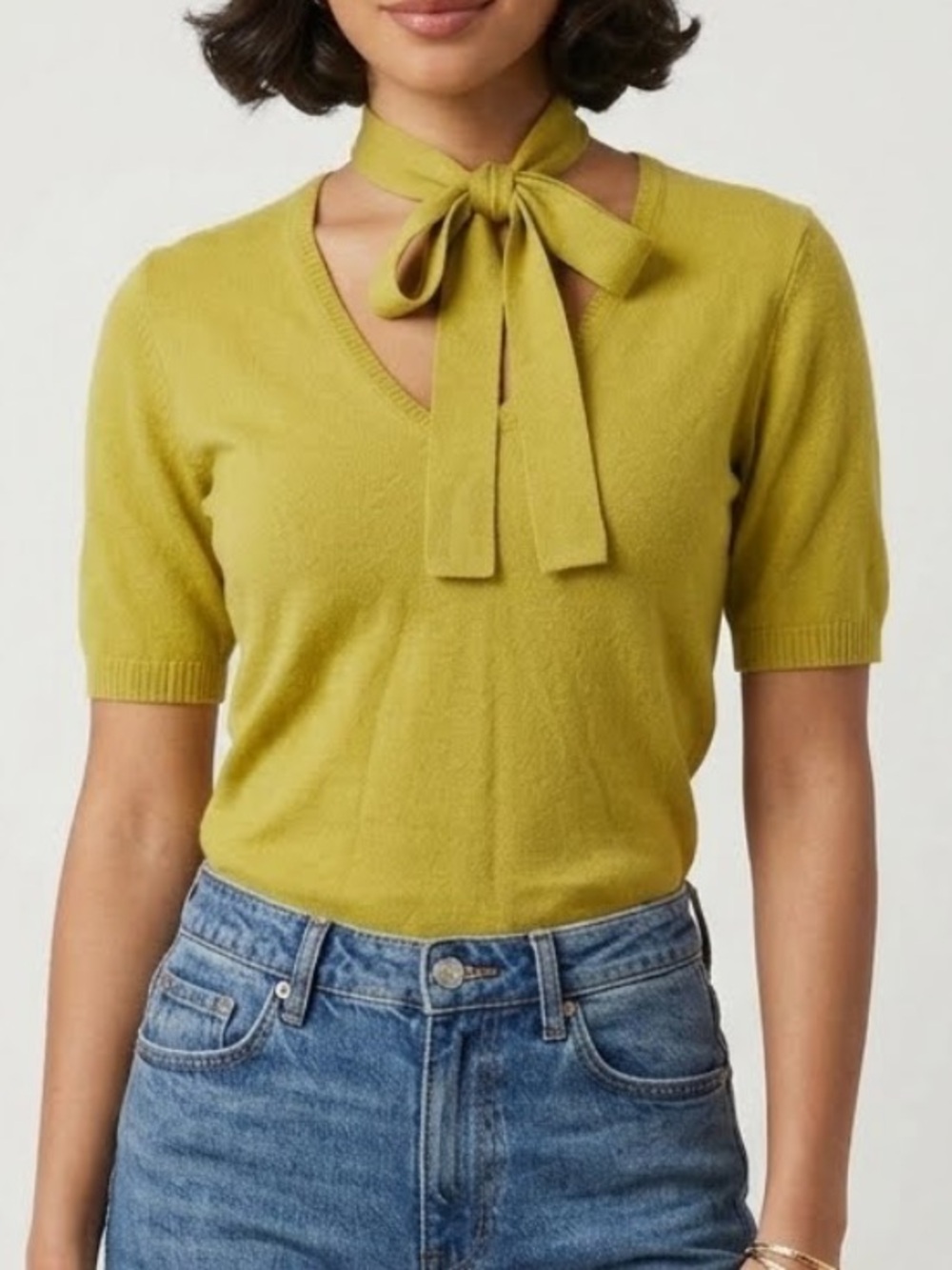 EASEL DEAN & DIMONDS Vintage Y2K Chartreuse Choker Tie Neck Knit Top Large